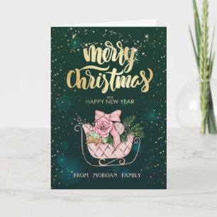 Elegante Christmas Pink Sleigh Green Feiertagskarte
