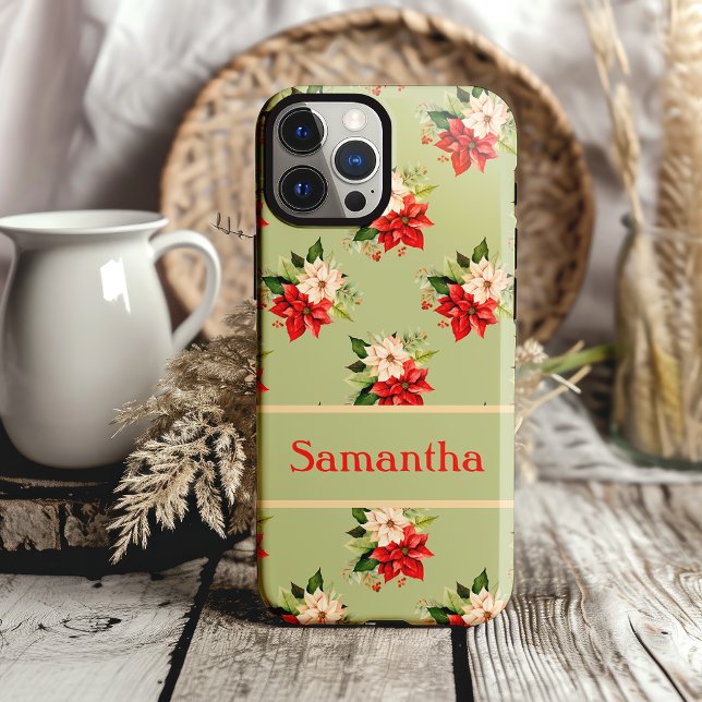 Elegante Christmas Poinsettia Botanisches Flora Case-Mate iPhone Hülle (pretty mint green and classic christmas poinsettia phone case with name)