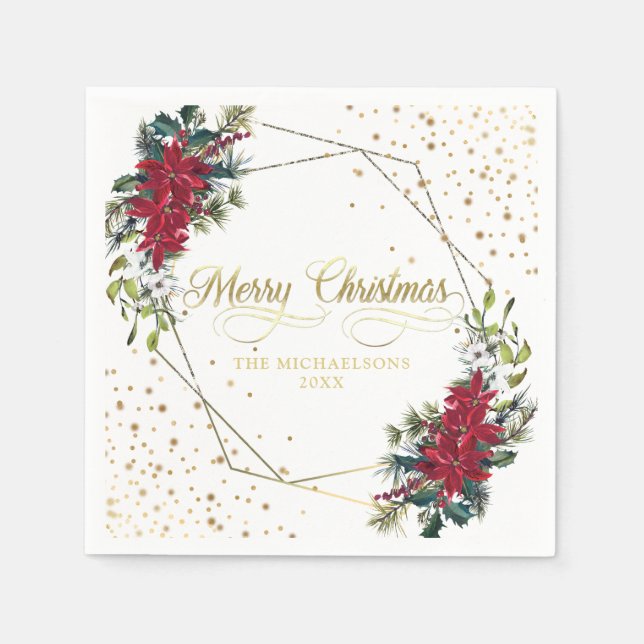 Elegante Christmas Poinsettia Gold Confetti Serviette (Vorderseite)