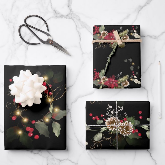 Elegante Christmas Poinsettia Holly Eucalyptus Pin Geschenkpapier Set (Vorderseite)