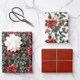 Elegante Christmas Poinsettias Variety Geschenkpapier Set