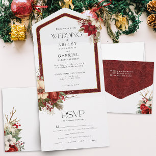 Elegante Christmas Red Damask Floral All In One Einladung
