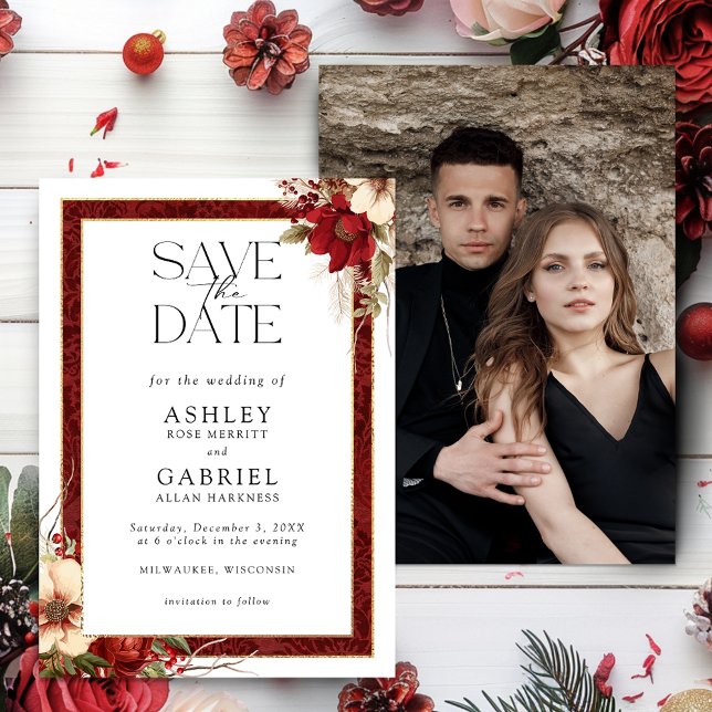 Elegante Christmas Red Damask Floral Save The Date (Von Creator hochgeladen)