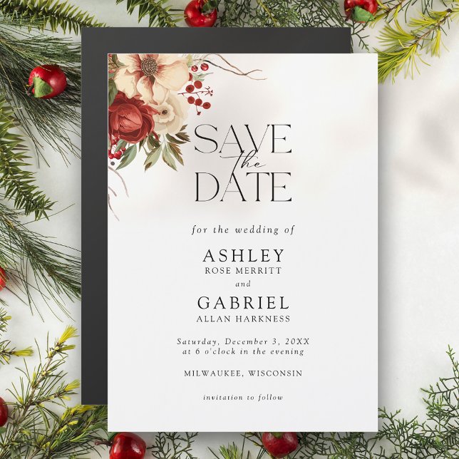 Elegante Christmas Red Damask Floral Save the Date Magneteinladung (Von Creator hochgeladen)