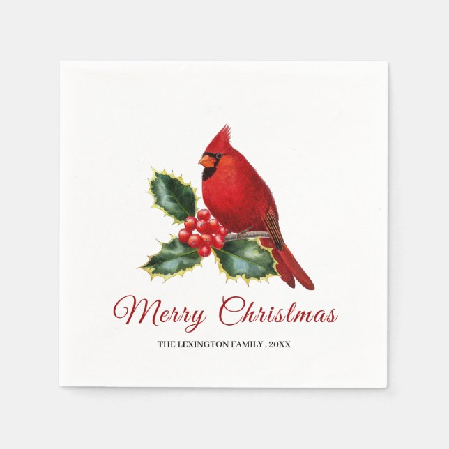 Elegante Christmas Red Kardinal Bird Holly Serviette (Vorderseite)
