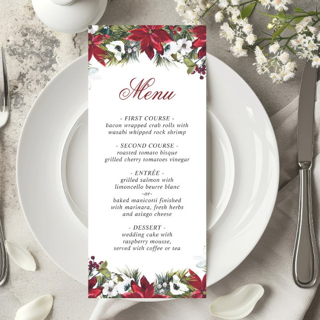 Elegante Christmas Red Poinsettia Wedding Menu Car Einladung (Von Creator hochgeladen)
