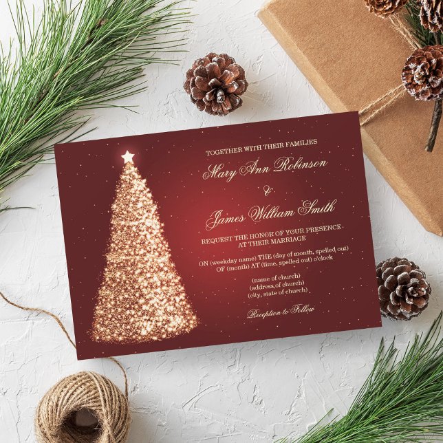 Elegante Christmas Wedding Sparkle Gold Red Einladung (Elegant Christmas Wedding Sparkle Gold Red Invitation)