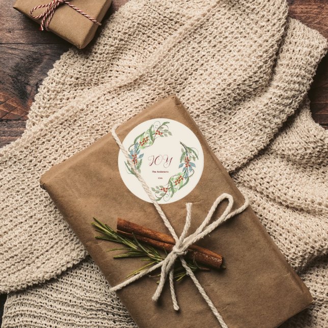 Elegante Christmas Wreath Joy Runder Aufkleber (Von Creator hochgeladen)