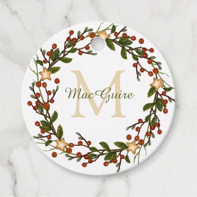 Elegante Christmas Wreath Monogram Geschenkanhänger (Vorderseite)