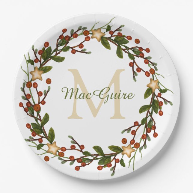 Elegante Christmas Wreath Monogram Pappteller (Vorderseite)