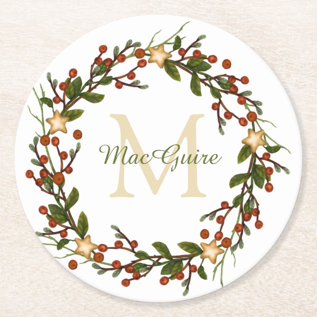 Elegante Christmas Wreath Monogram Runder Pappuntersetzer (Vorderseite)