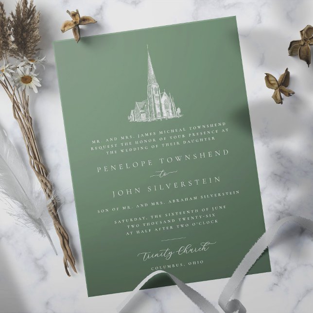 Elegante Church Illustration Grüne feierliche Hoch Einladung (Sage green formal wedding invitation with an illustration of a church)