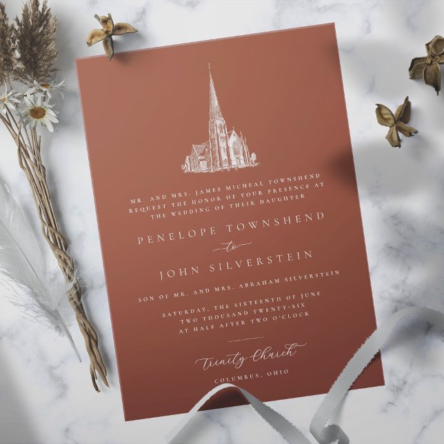 Elegante Church Illustration Orange Formal Wedding Einladung (Burnt orange formal wedding invitation with an illustration of a church)