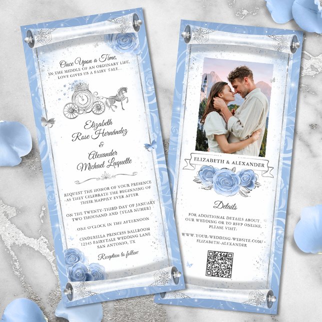 Elegante Cinderella Wedding Scroll Einladungskarte Einladung (Bring your fairy tale to life with light blue and silver Cinderella wedding scroll invitation cards.)