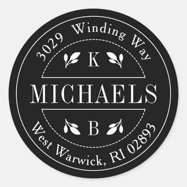 Elegante Circle Monogram Nachname Rücksendeadresse Runder Aufkleber (Vorderseite)