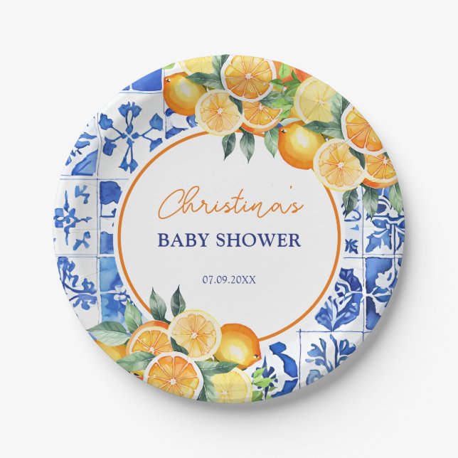 Elegante Citrus Blue Tiles Baby Dusche Pappteller (Vorderseite)
