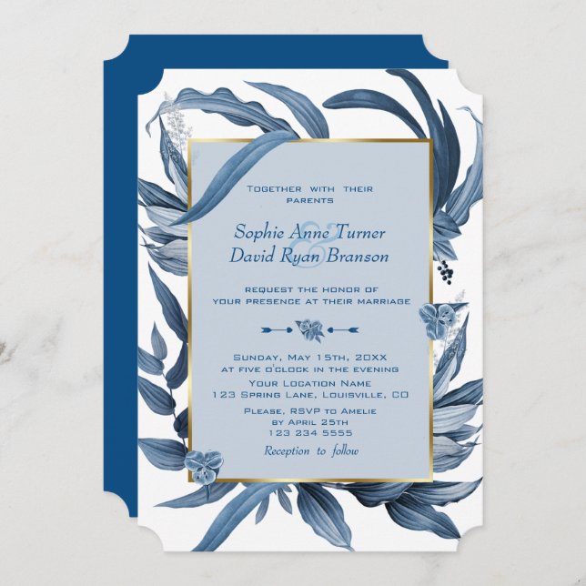 Elegante Classic Blue Blätter Gold Monogram Weddin Einladung (Vorne/Hinten)