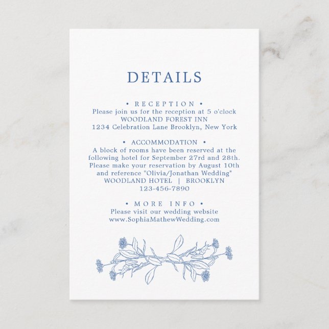 Elegante Classic Blue Floral Wedding Details Begleitkarte (Vorderseite)