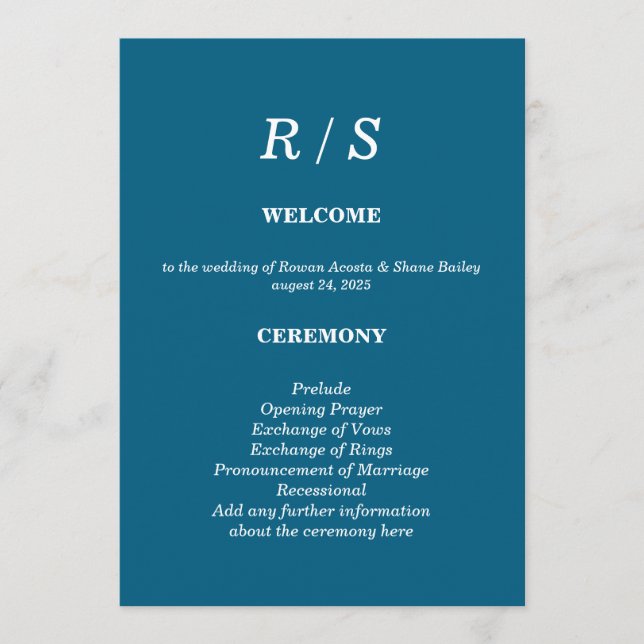 Elegante Classic Blue Monogram Wedding Program Car Programm (Vorderseite)