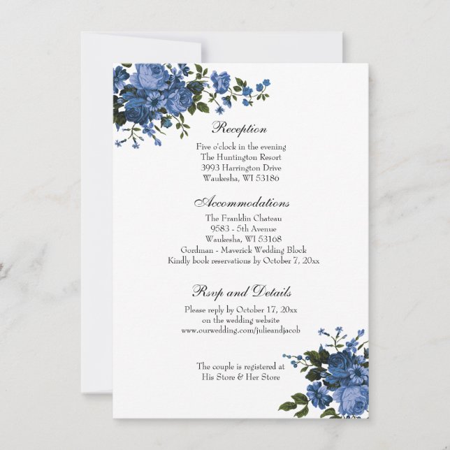 Elegante Classic Blue Rose Hochzeitsempfang Einladung (Vorderseite)