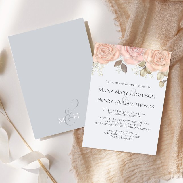 Elegante Classic Boho Floral Rose Einladung (Elegant blush and light blue rose gold floral wedding invitation)