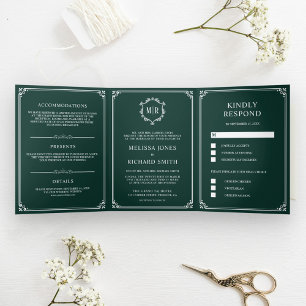 Elegante Classic Emerald Green Monogram Wedding Dreifach Gefaltete Einladung