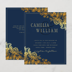Elegante Classic Gold Lace Blue Wedding Einladung