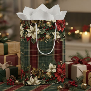Elegante Classic Kariert Red Poinsettias Holly & G Mittlere Geschenktüte