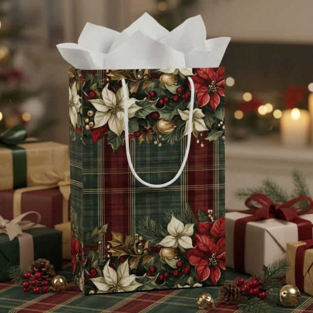 Elegante Classic Kariert Red Poinsettias Holly & G Mittlere Geschenktüte (Von Creator hochgeladen)