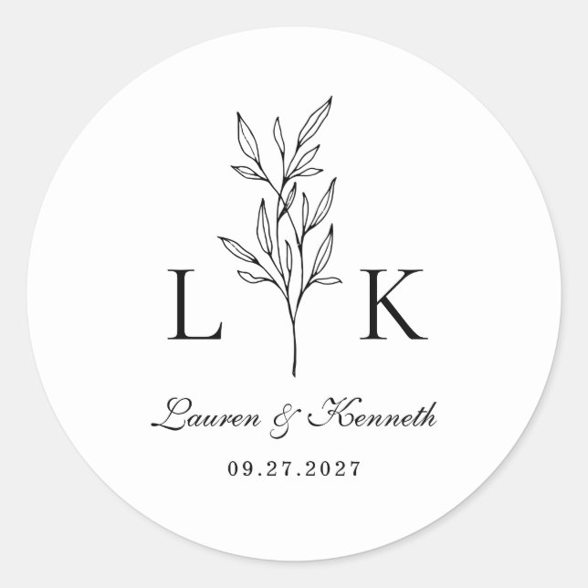 Elegante Classic Leaf Monogram Wedding Runder Aufkleber (Vorderseite)