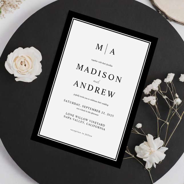 Elegante Classic Monogram Black and White Wedding Einladung (Von Creator hochgeladen)
