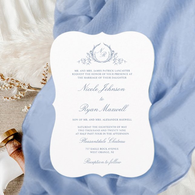 Elegante Classic Monogram Dusty Blue Wedding Einladung (Von Creator hochgeladen)
