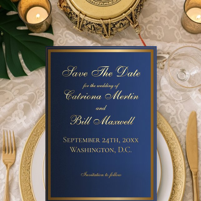Elegante Classic Navy und Gold Save the Date Card Folieneinladung (Von Creator hochgeladen)
