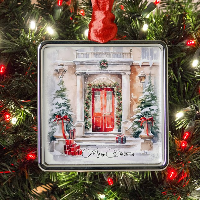Elegante Classic Red Door Frohe Weihnachten Ornament Aus Metall (Von Creator hochgeladen)