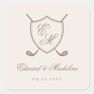 Elegante Classic Wappen Monogram Golf Wedding Quadratischer Aufkleber