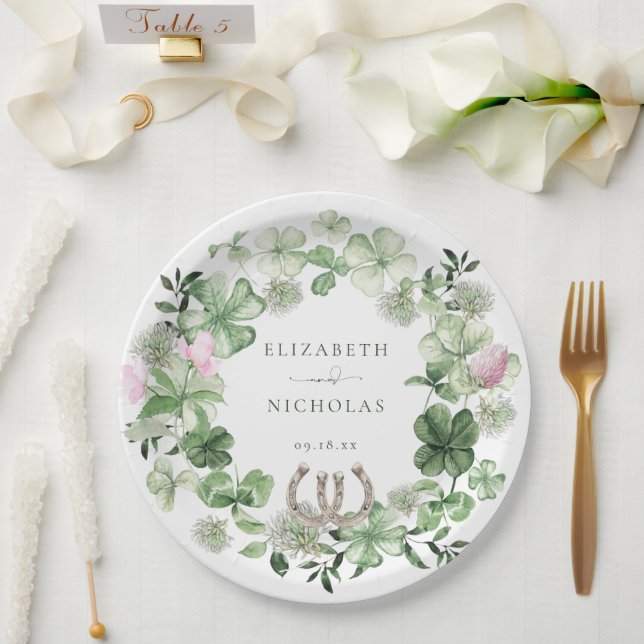 Elegante Clover Horseshoes Botanische Hochzeit Pappteller (Hochzeit)