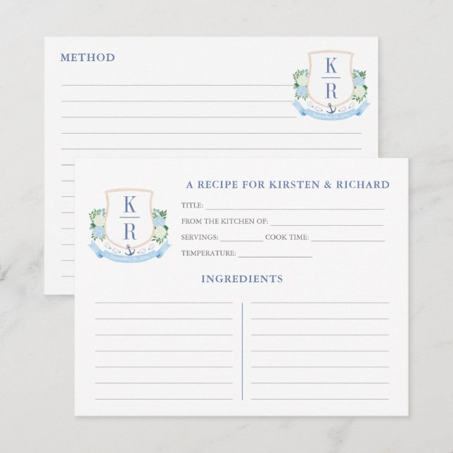 Elegante Coastal Monogram Brautparty Rezept Card Einladung (Vorne/Hinten)