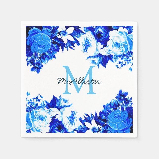 Elegante Cobalt Blue Flowers | Personalisiert Serviette (Vorderseite)