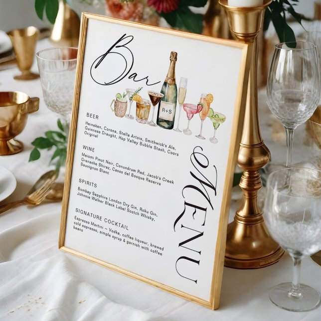 Elegante Cocktails Hochzeitsmenü Bar Poster (Elegant Watercolor Cocktails Wedding Bar Menu Poster)