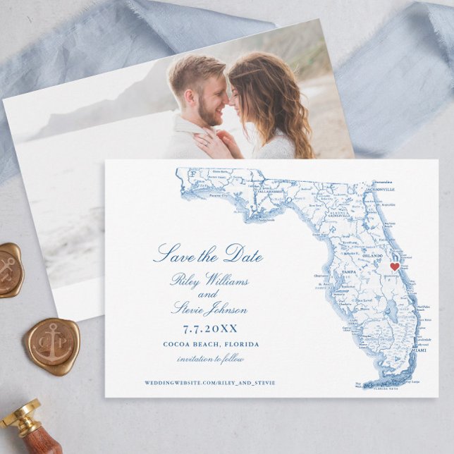 Elegante Cocoa Beach Florida Wedding Navy Karte (Elegant Cocoa Beach Florida map navy blue save the date for your beach wedding)