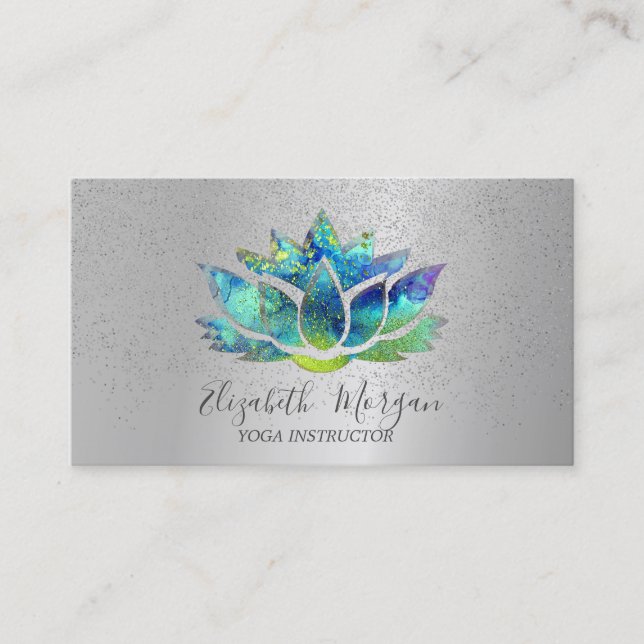 Elegante Colorful Lotus Silver Confetti Yoga Visitenkarte (Vorderseite)