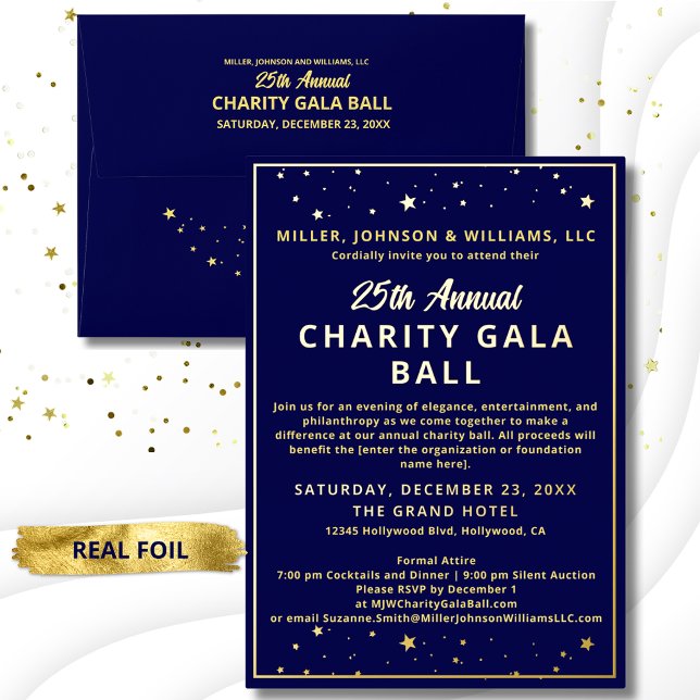 Elegante Company Wohltätigkeit Gala Ball Blue Budg Folieneinladung (Elegant Charity Gala Ball invitation with real gold foil accents.)