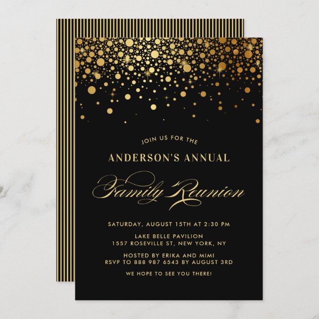 Elegante Confetti Gold Foil Black Family Wiederseh Einladung (Vorne/Hinten)