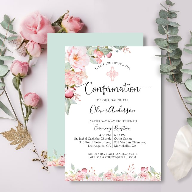 Elegante Confirmation Rose Gold, Minze Floral Einladung (Von Creator hochgeladen)