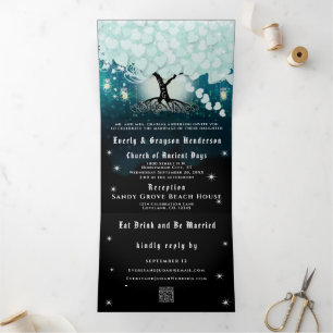 Elegante Cool Aqua Herz Blatt Hochzeit Dreifach Gefaltete Einladung