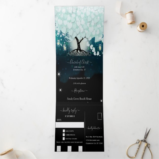 Elegante Coole Aqua Heart Leaf Wedding Dreifach Gefaltete Einladung (Innenseite)