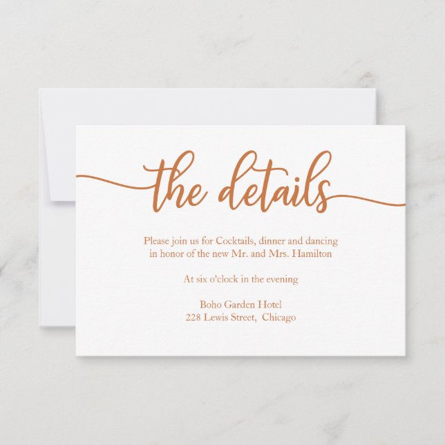 Elegante Copper Calligraphy Wedding Details Card RSVP Karte (Vorderseite)
