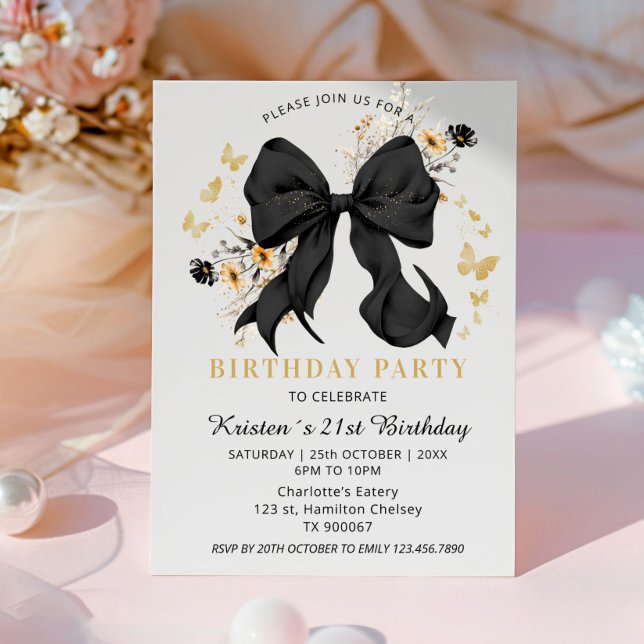 Elegante Coquette Black Bow Wildblumen Einladung (Elegant Black and Gold Birthday invitation card)