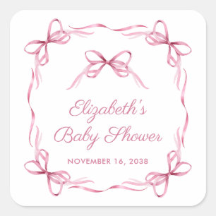 Elegante Coquette Bows Pink Baby Girl Dusche Quadratischer Aufkleber