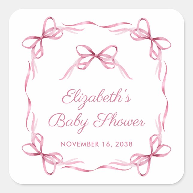 Elegante Coquette Bows Pink Baby Girl Dusche Quadratischer Aufkleber (Vorderseite)